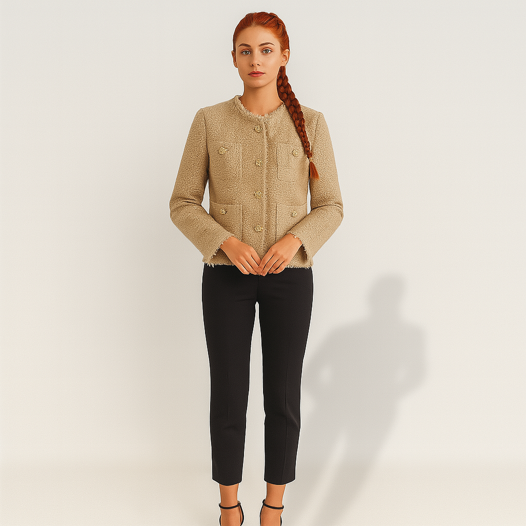 Ladies Short Tweed Blazer | Structured Round Neck