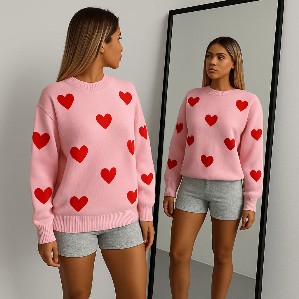 Women Heart Pattern Sweater | Slouch Shoulder Cut