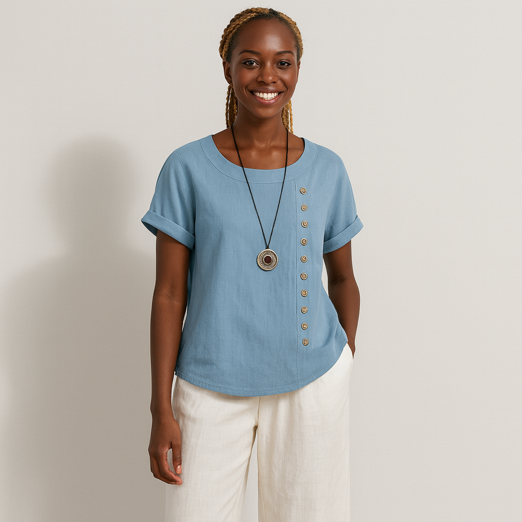Women Buttoned Short Sleeve Blouse | Curved Hem