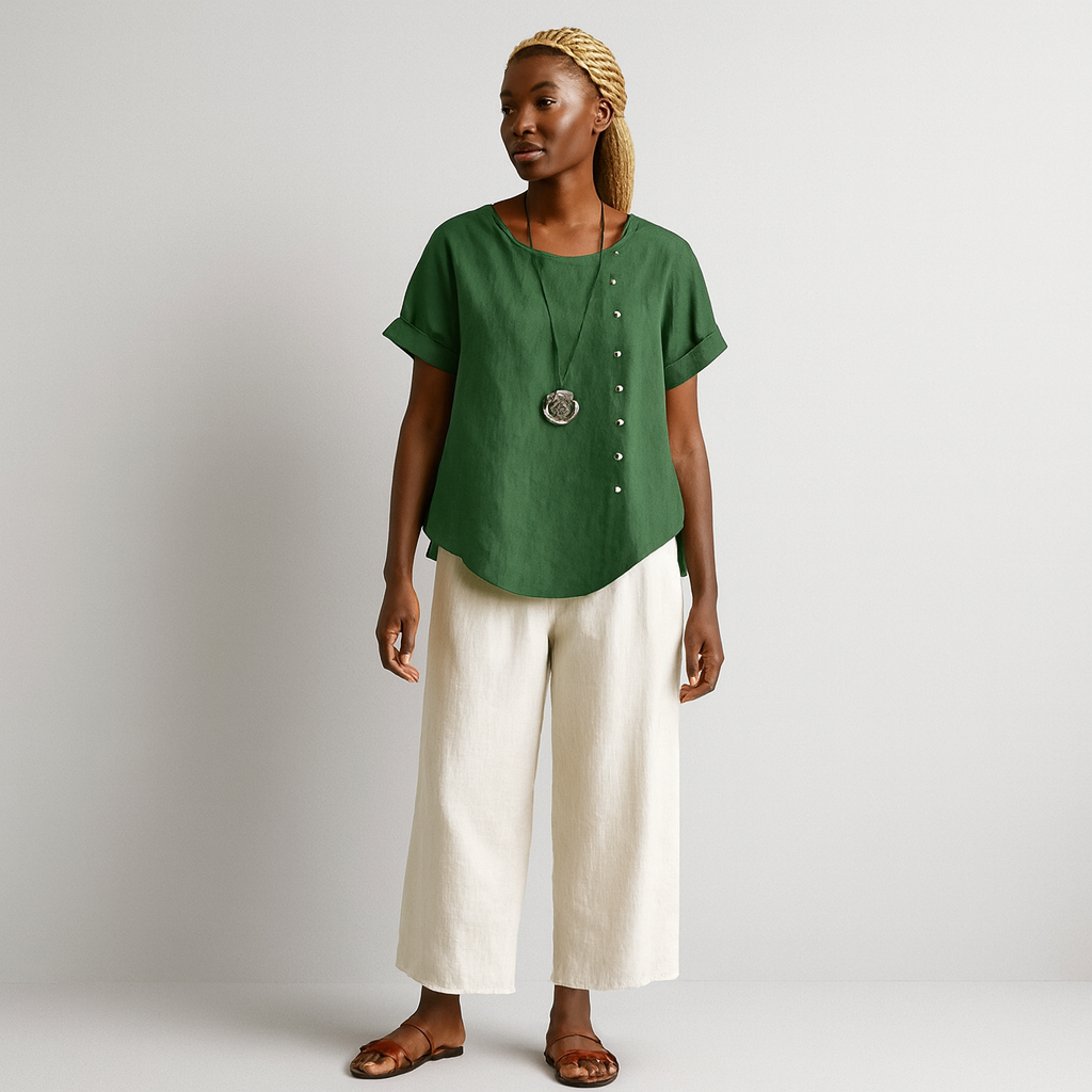 Women Buttoned Short Sleeve Blouse | Curved Hem