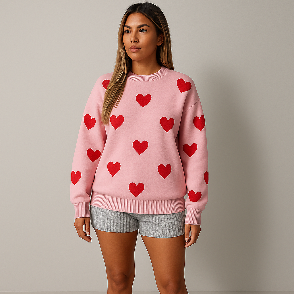 Women Heart Pattern Sweater | Slouch Shoulder Cut