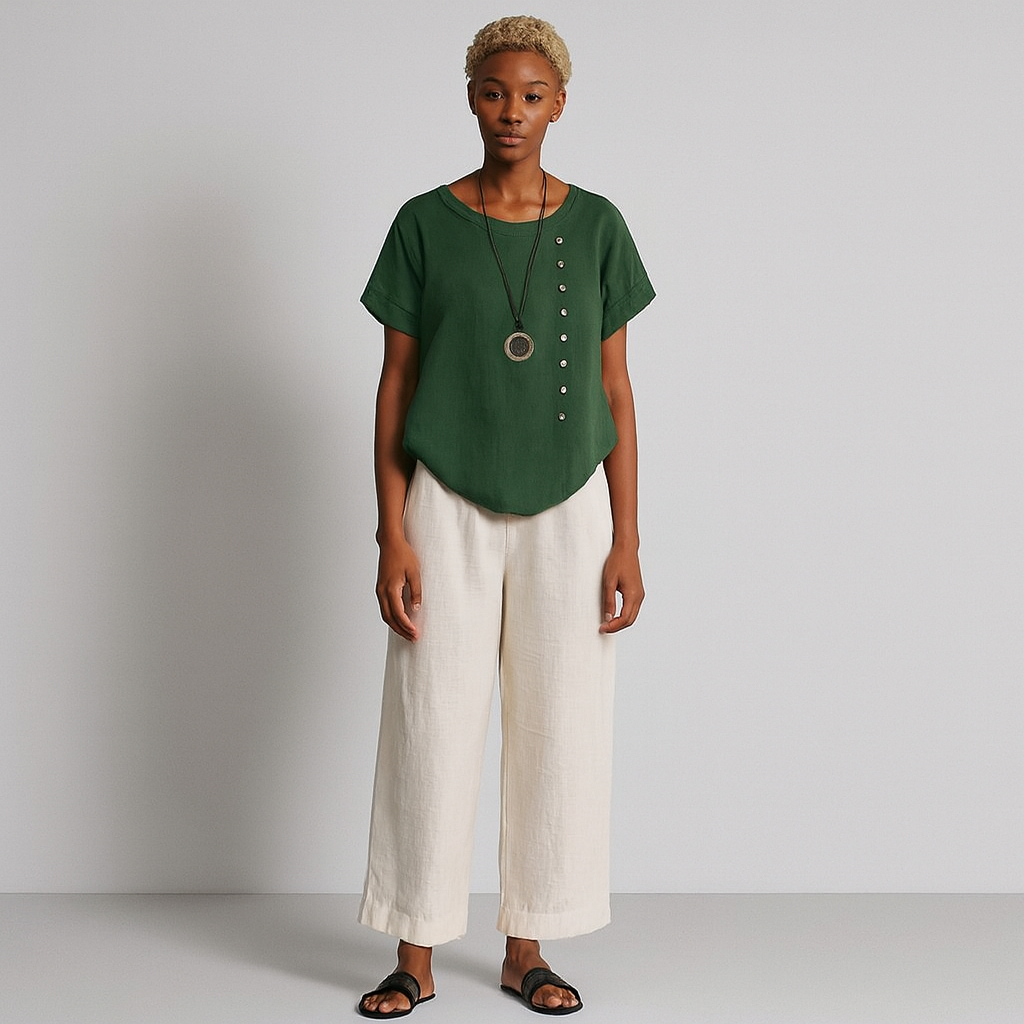 Women Buttoned Short Sleeve Blouse | Curved Hem