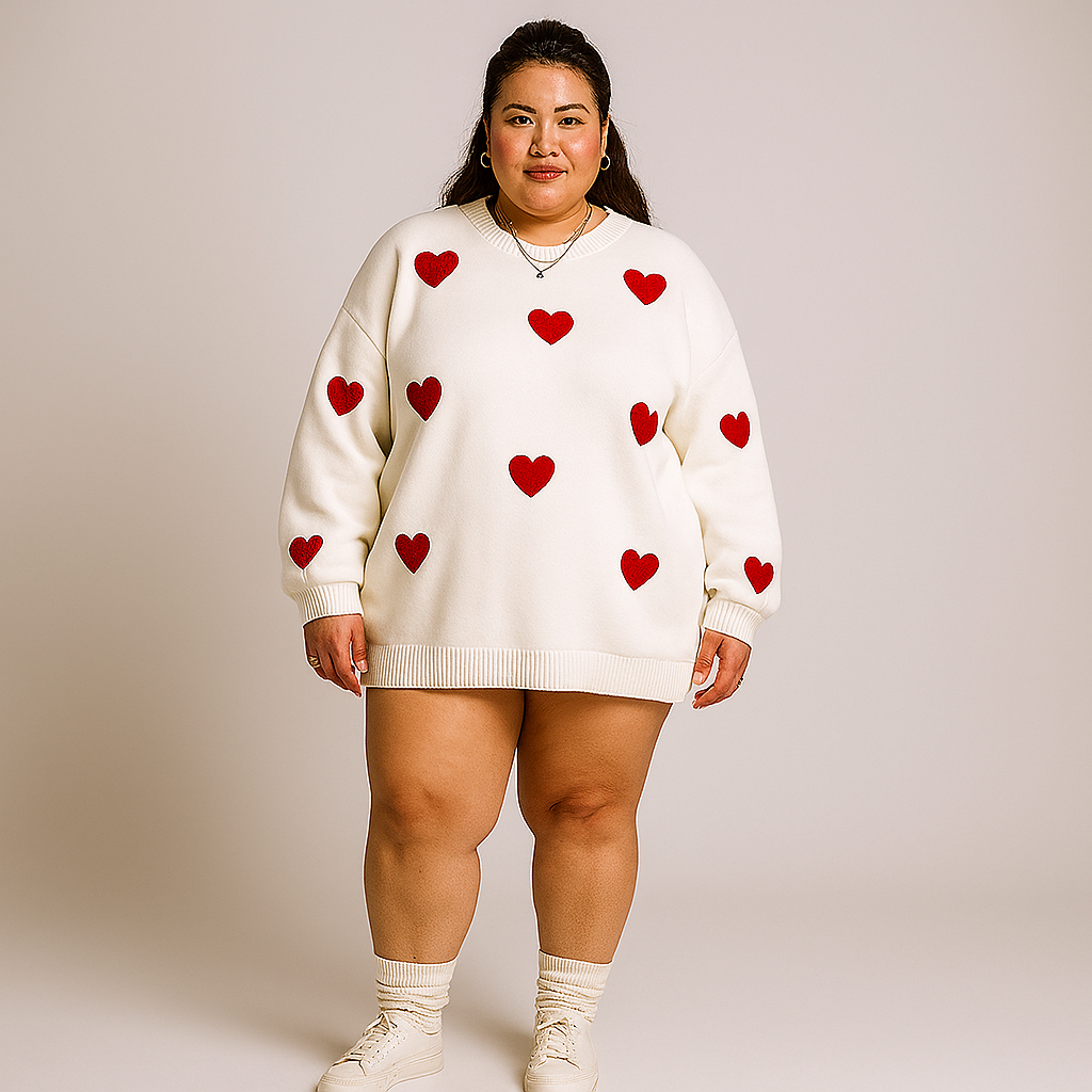 Women Heart Pattern Sweater | Slouch Shoulder Cut