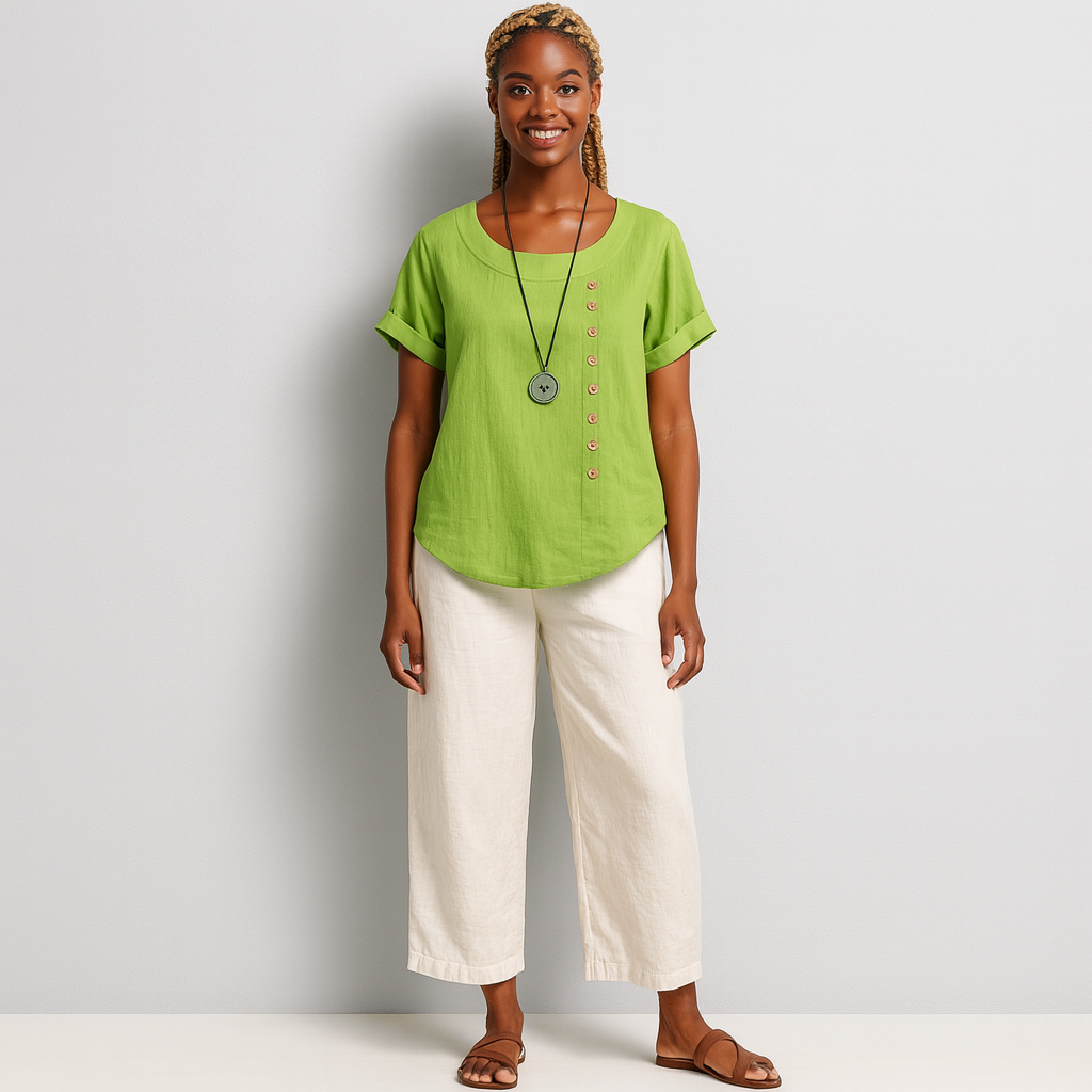 Women Buttoned Short Sleeve Blouse | Curved Hem