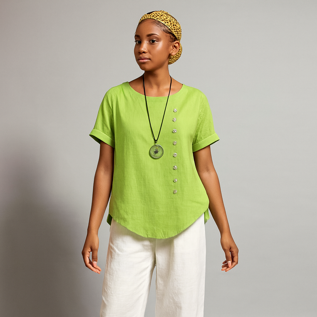 Women Buttoned Short Sleeve Blouse | Curved Hem