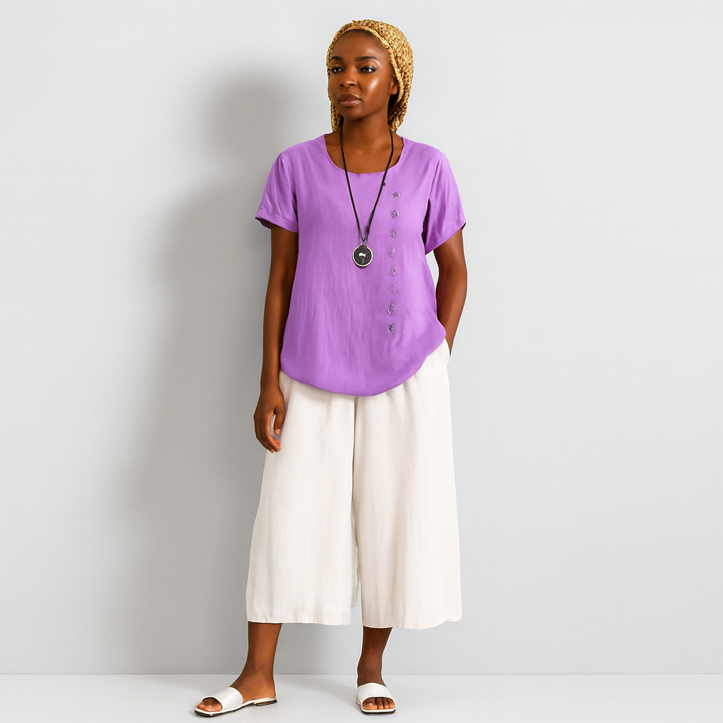 Women Buttoned Short Sleeve Blouse | Curved Hem