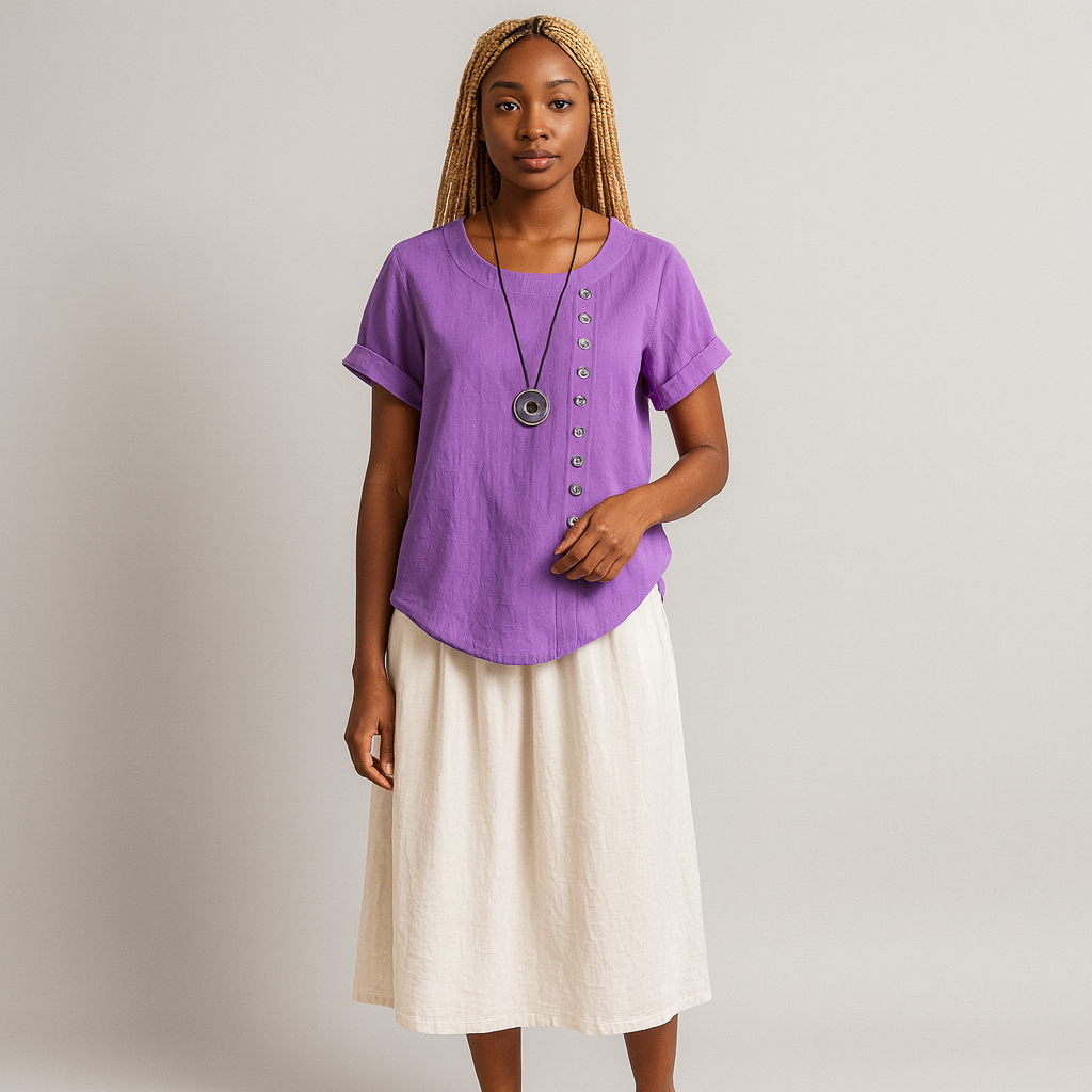 Women Buttoned Short Sleeve Blouse | Curved Hem