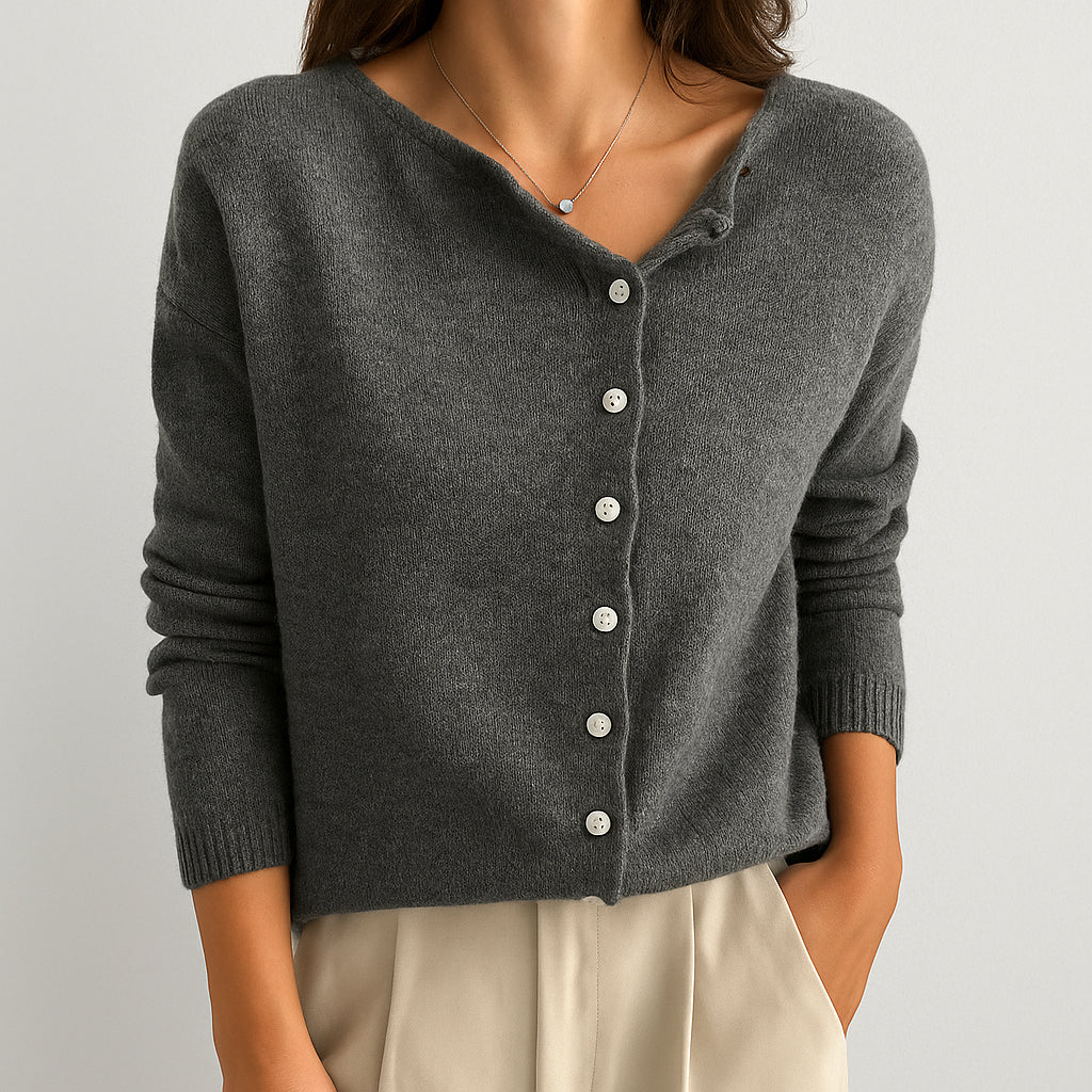 Ladies Asymmetric Knit Sweater | Pearl Button Detail