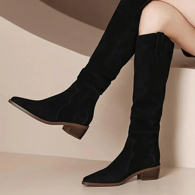 Ladies Knee High Boots | Slim Block Heel