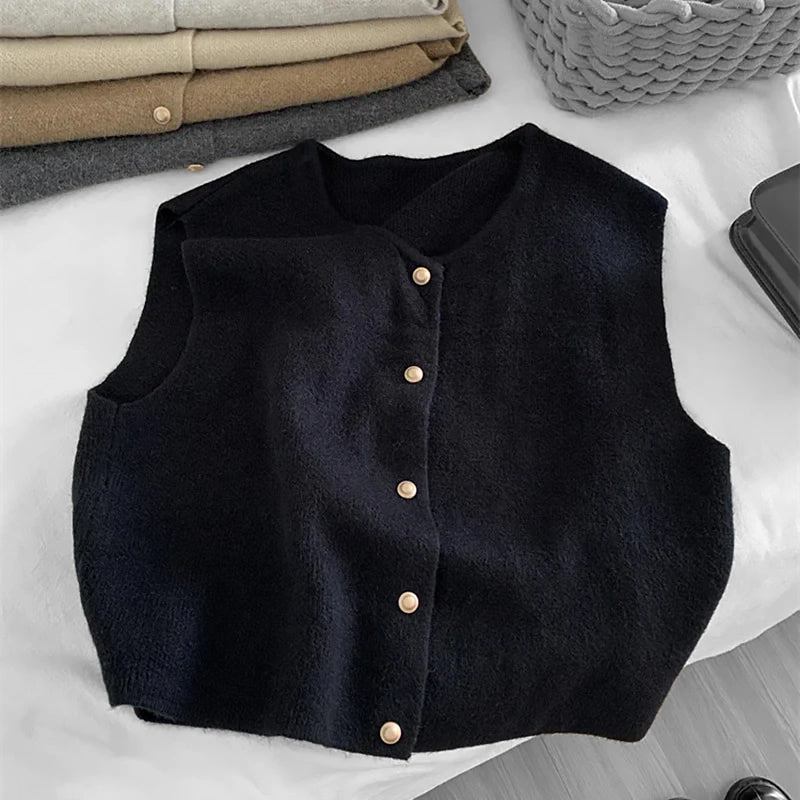Ladies Sleeveless Knitted Waistcoat | Button placket