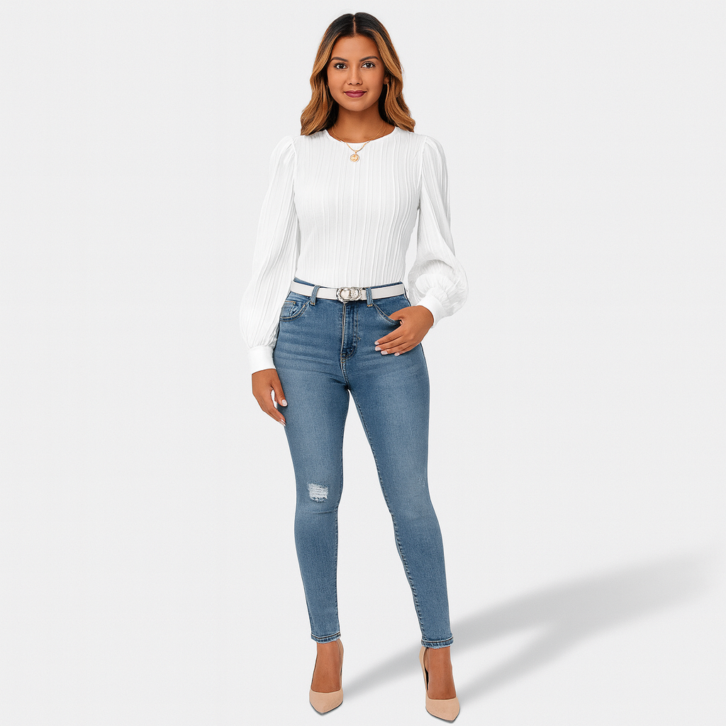 Ladies Textured Long Sleeve Blouse | Pleated Crew Neck
