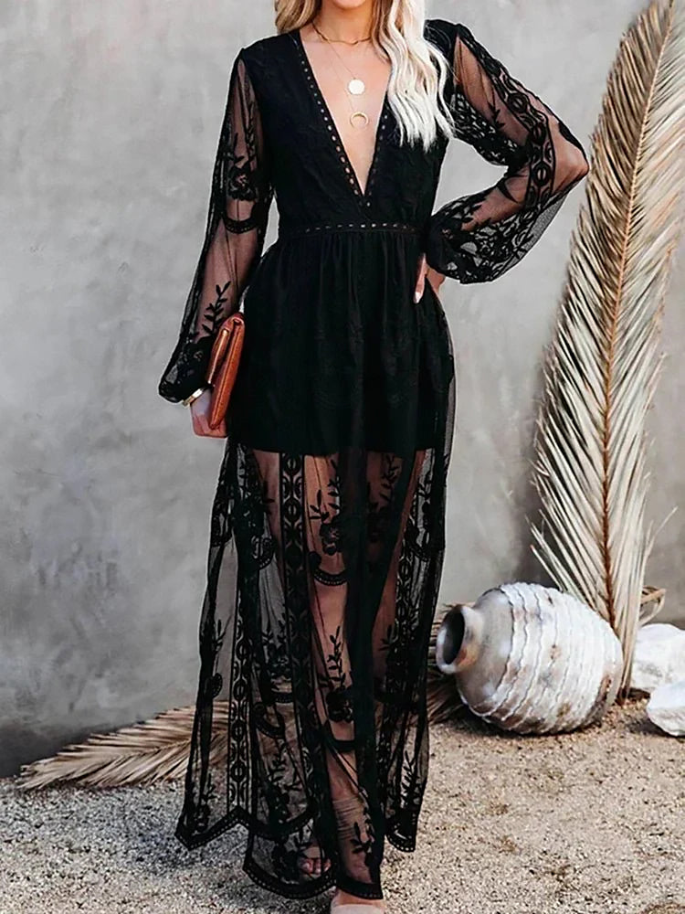Ladies Embroidered Maxi Dress | Sheer Sleeves