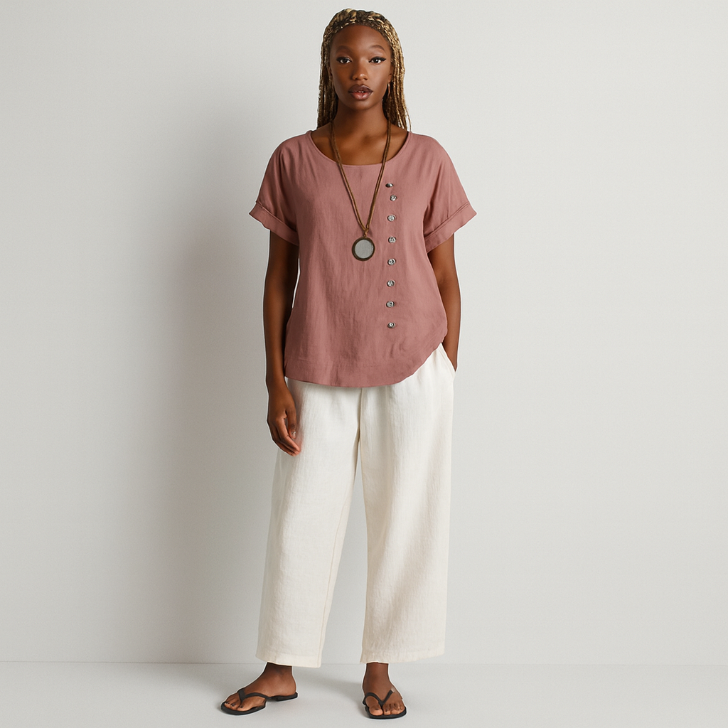 Women Buttoned Short Sleeve Blouse | Curved Hem