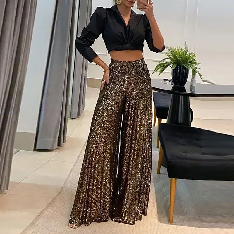 Ladies Glitter Flared Pants | High Waist