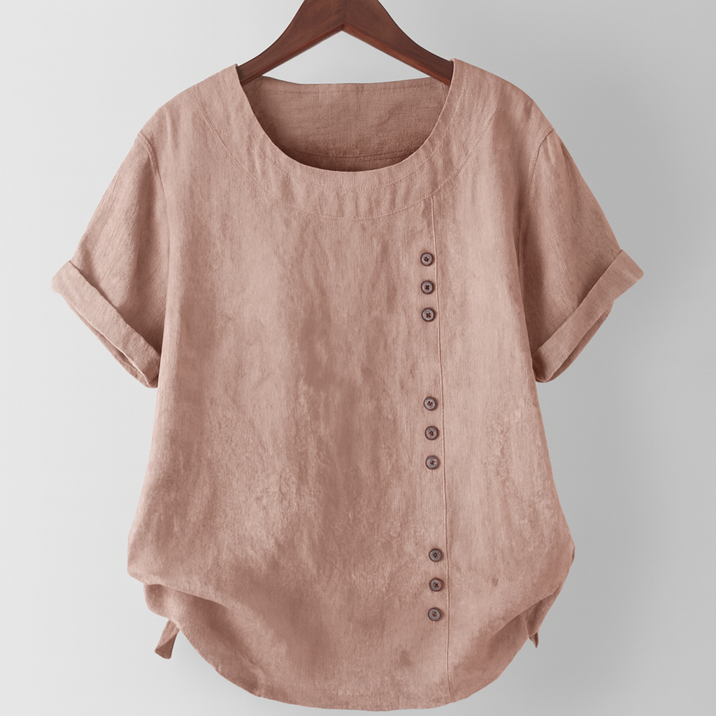 Women Buttoned Short Sleeve Blouse | Curved Hem
