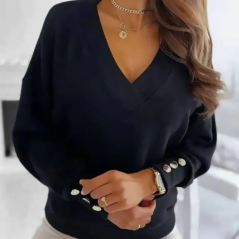 Ladies Loose V-Neck Sweater | Button Detail Sleeves