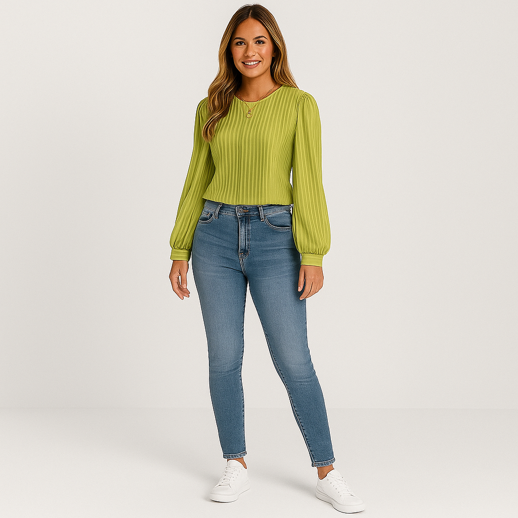 Ladies Textured Long Sleeve Blouse | Pleated Crew Neck