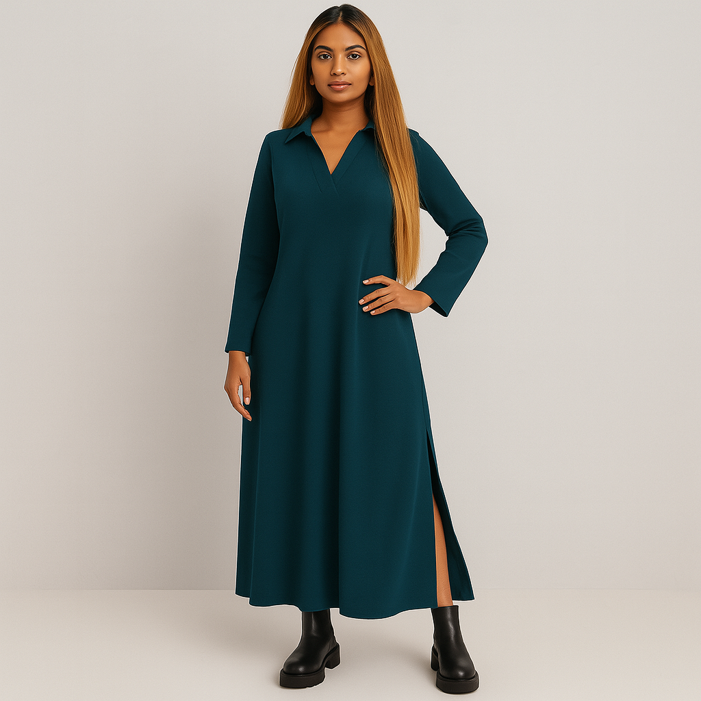 Ladies High Neck Maxi Dress | Long Sleeve Button