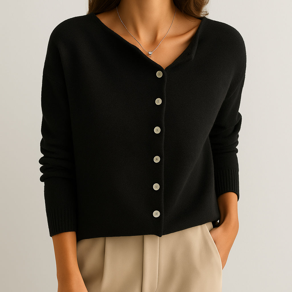 Ladies Asymmetric Knit Sweater | Pearl Button Detail