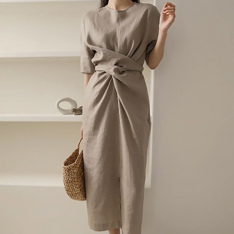 Ladies Short Sleeve Waist Dress | Back Pleat Belted