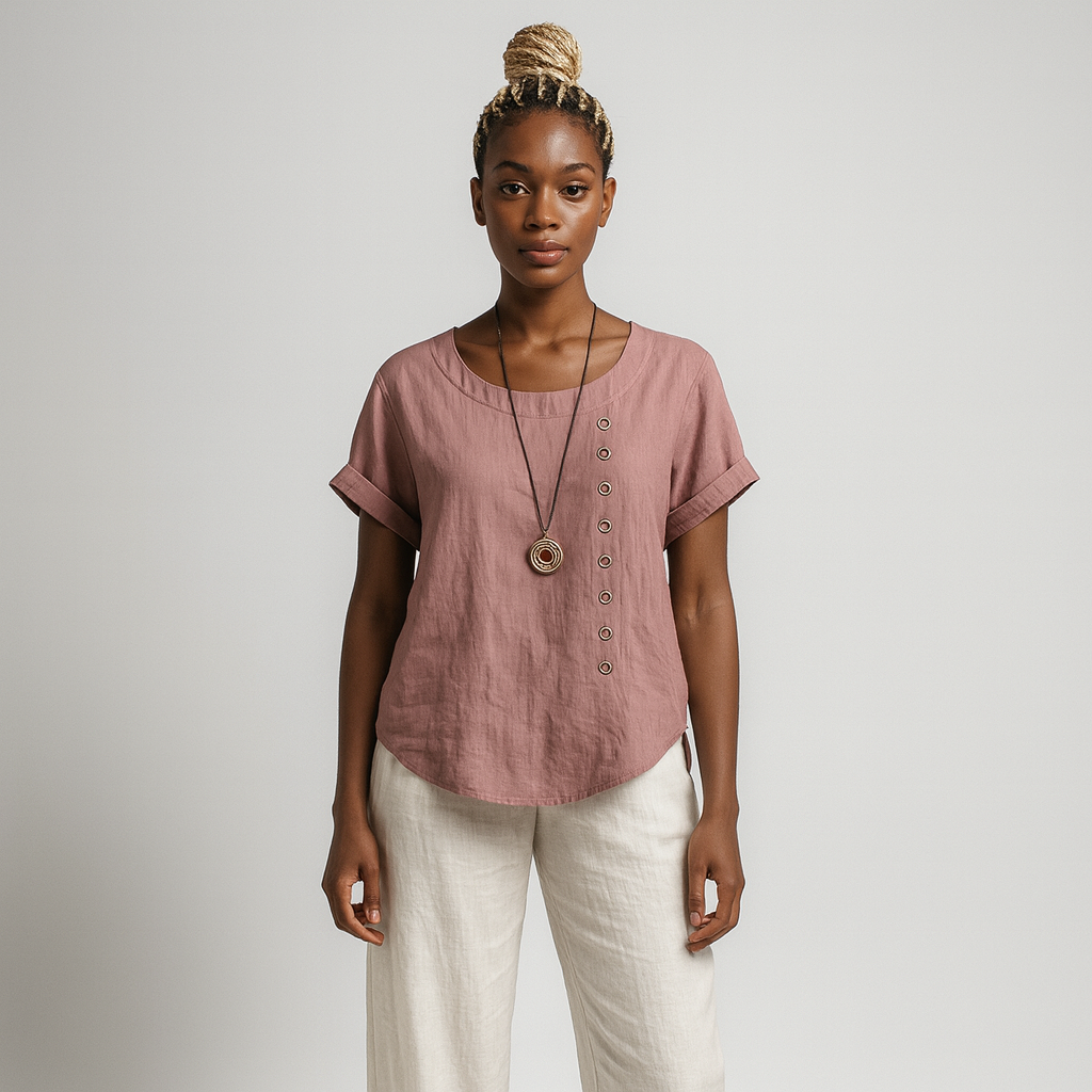 Women Buttoned Short Sleeve Blouse | Curved Hem