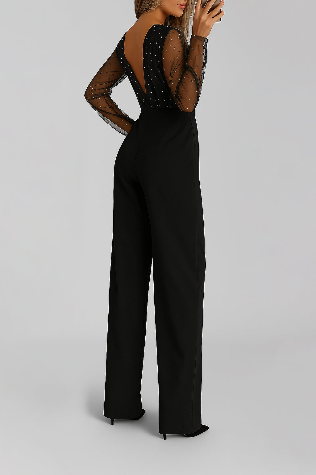 Ladies Backless Jumpsuit | Sheer Sleeve Detail