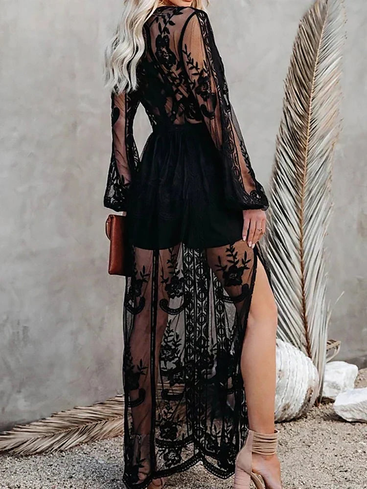 Ladies Embroidered Maxi Dress | Sheer Sleeves