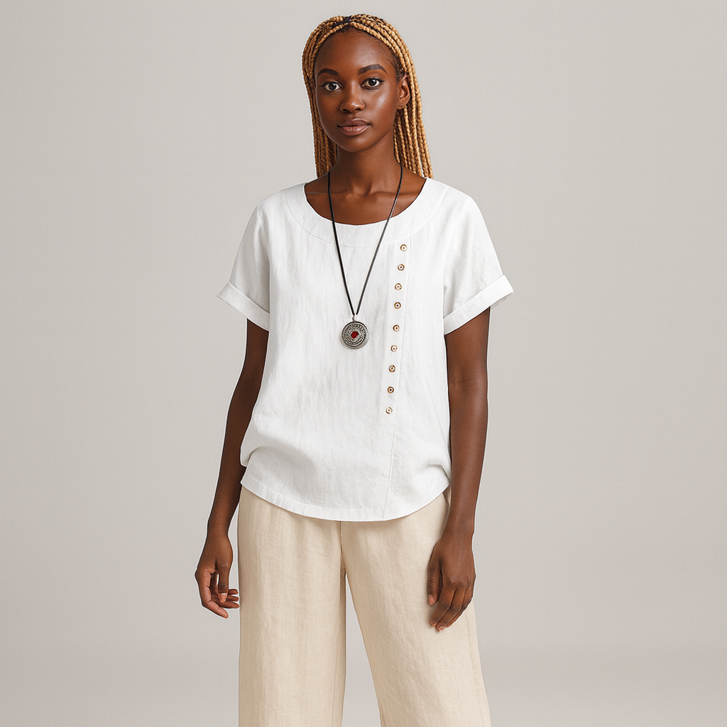 Women Buttoned Short Sleeve Blouse | Curved Hem