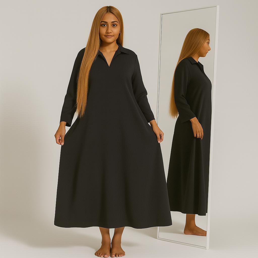 Ladies High Neck Maxi Dress | Long Sleeve Button