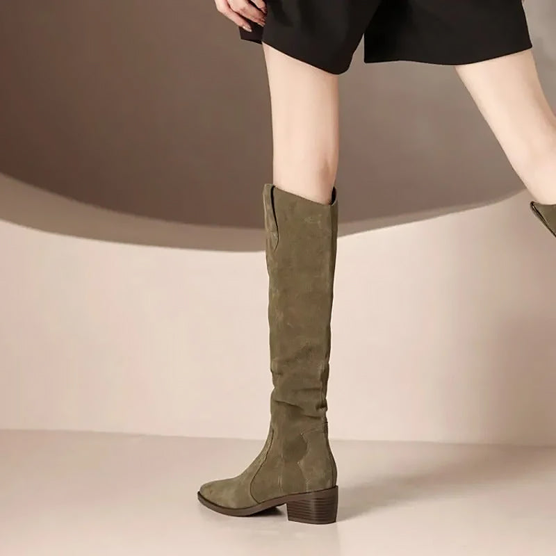 Ladies Knee High Boots | Slim Block Heel