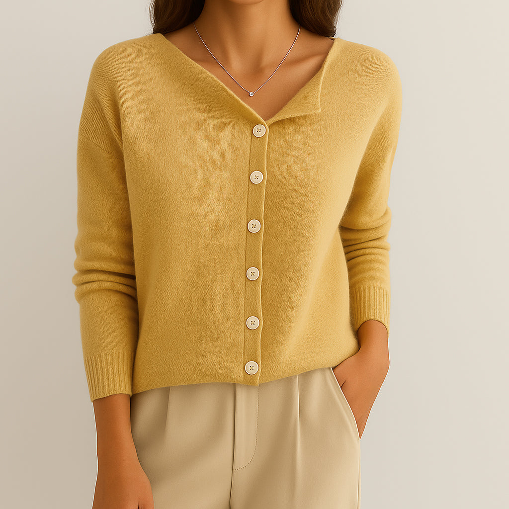 Ladies Asymmetric Knit Sweater | Pearl Button Detail