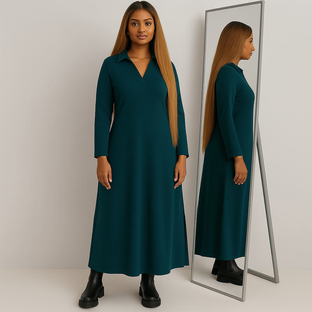 Ladies High Neck Maxi Dress | Long Sleeve Button