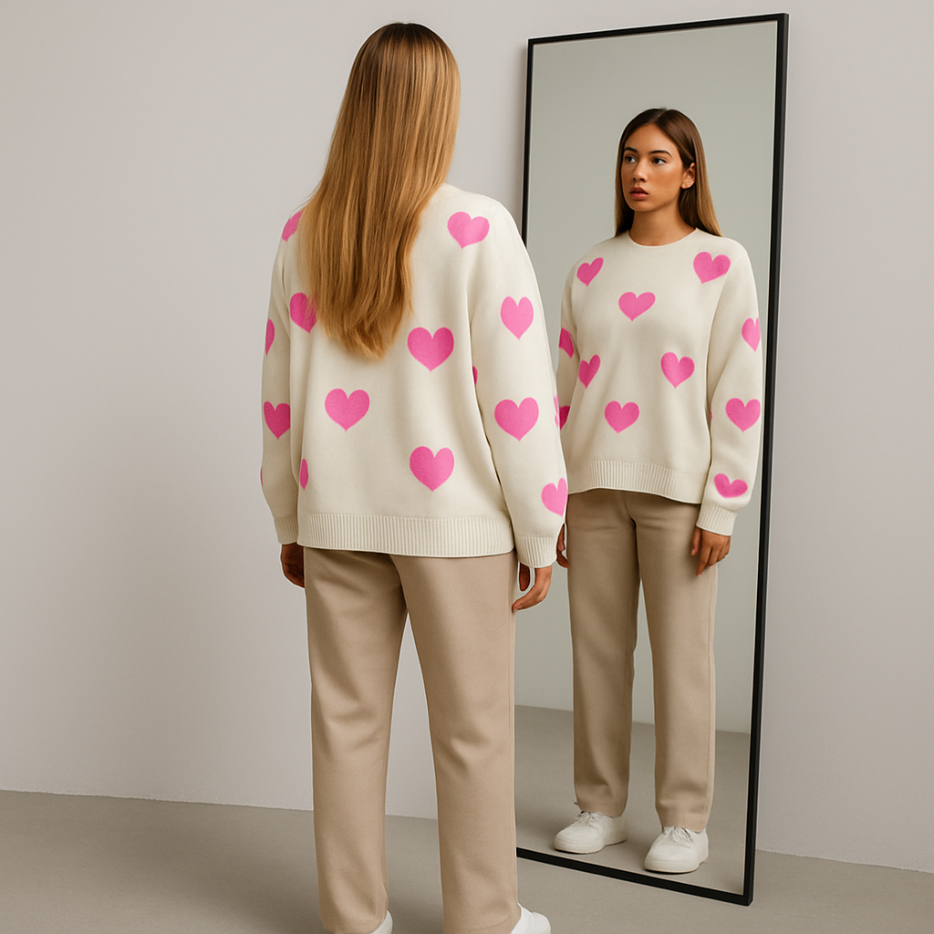 Women Heart Pattern Sweater | Slouch Shoulder Cut