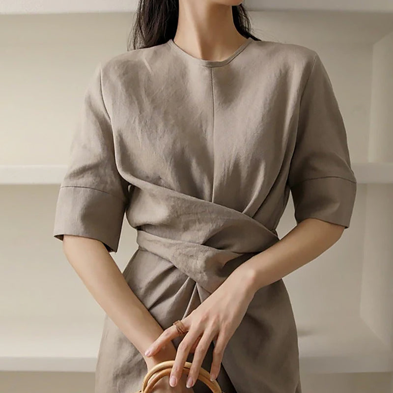 Ladies Short Sleeve Waist Dress | Back Pleat Belted