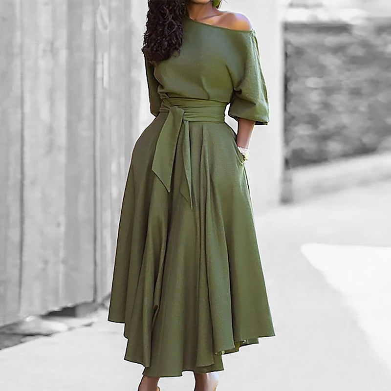 Women's Off-the-shoulder Midi Dress | Buttoned cut