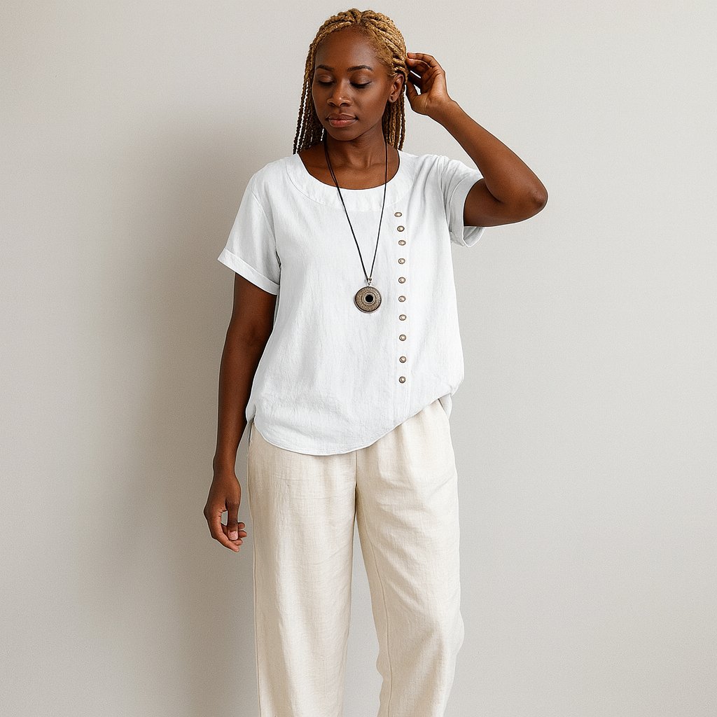 Women Buttoned Short Sleeve Blouse | Curved Hem