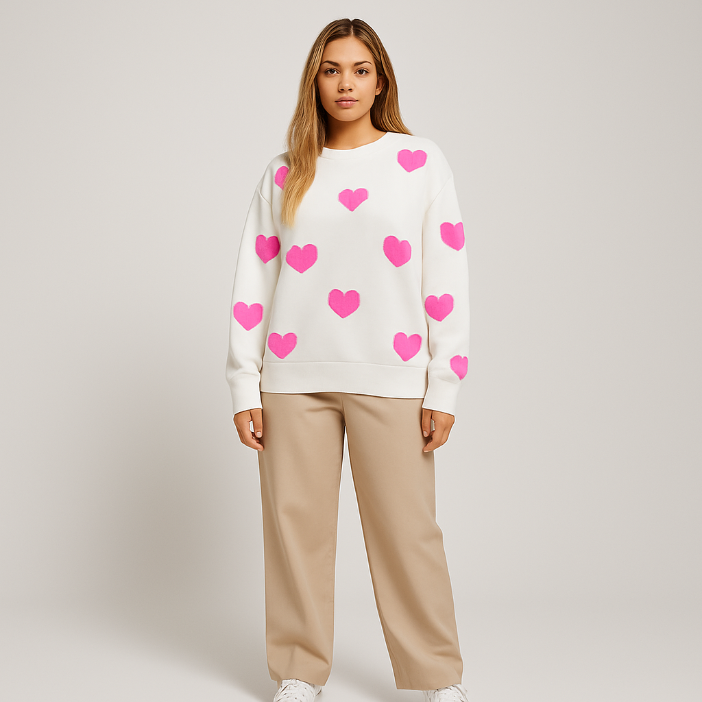 Women Heart Pattern Sweater | Slouch Shoulder Cut