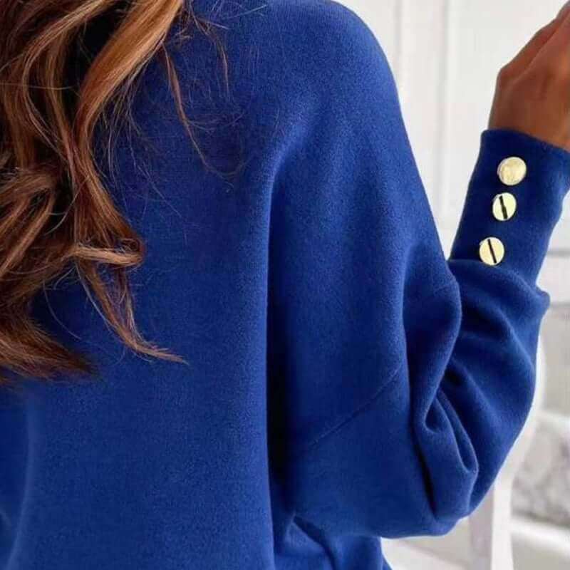 Ladies Loose V-Neck Sweater | Button Detail Sleeves