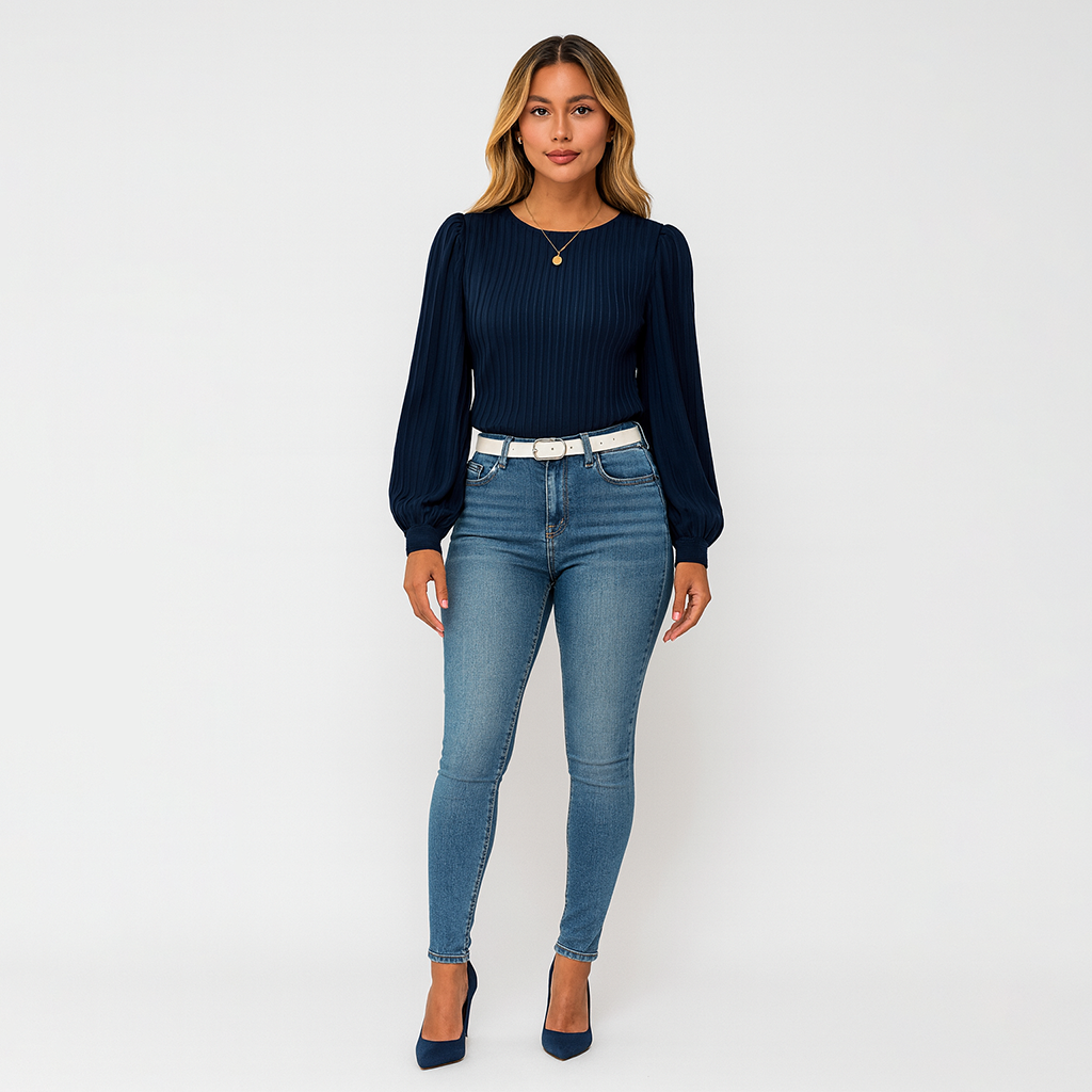 Ladies Textured Long Sleeve Blouse | Pleated Crew Neck