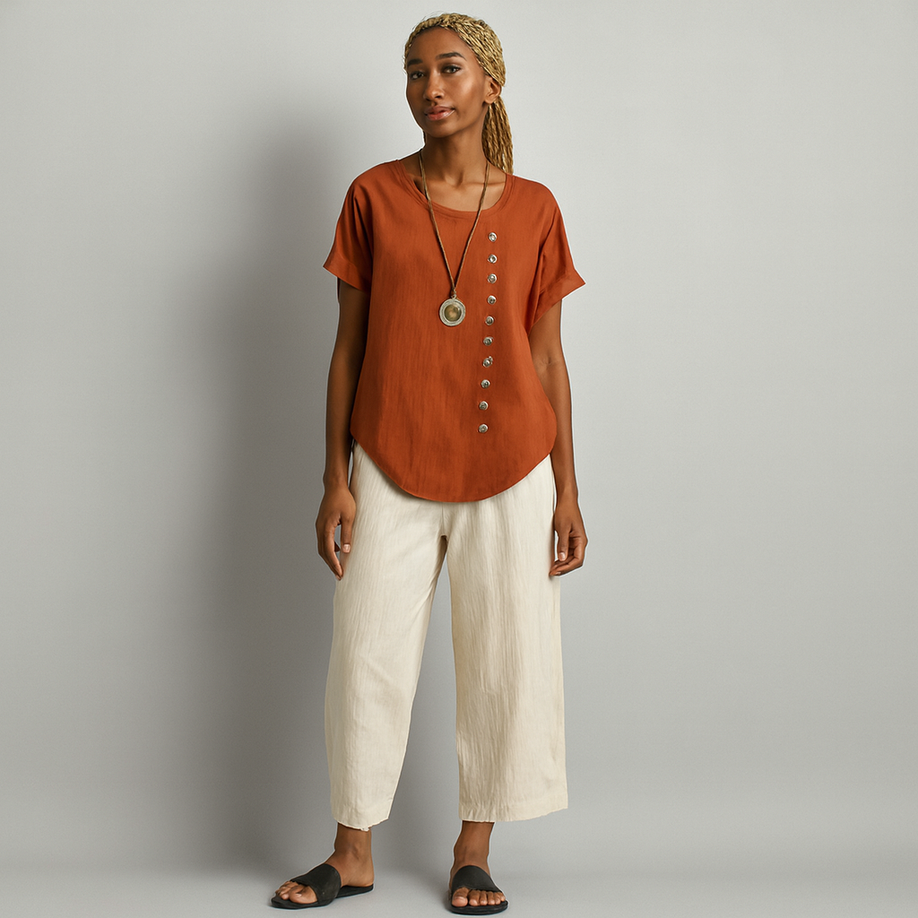 Women Buttoned Short Sleeve Blouse | Curved Hem