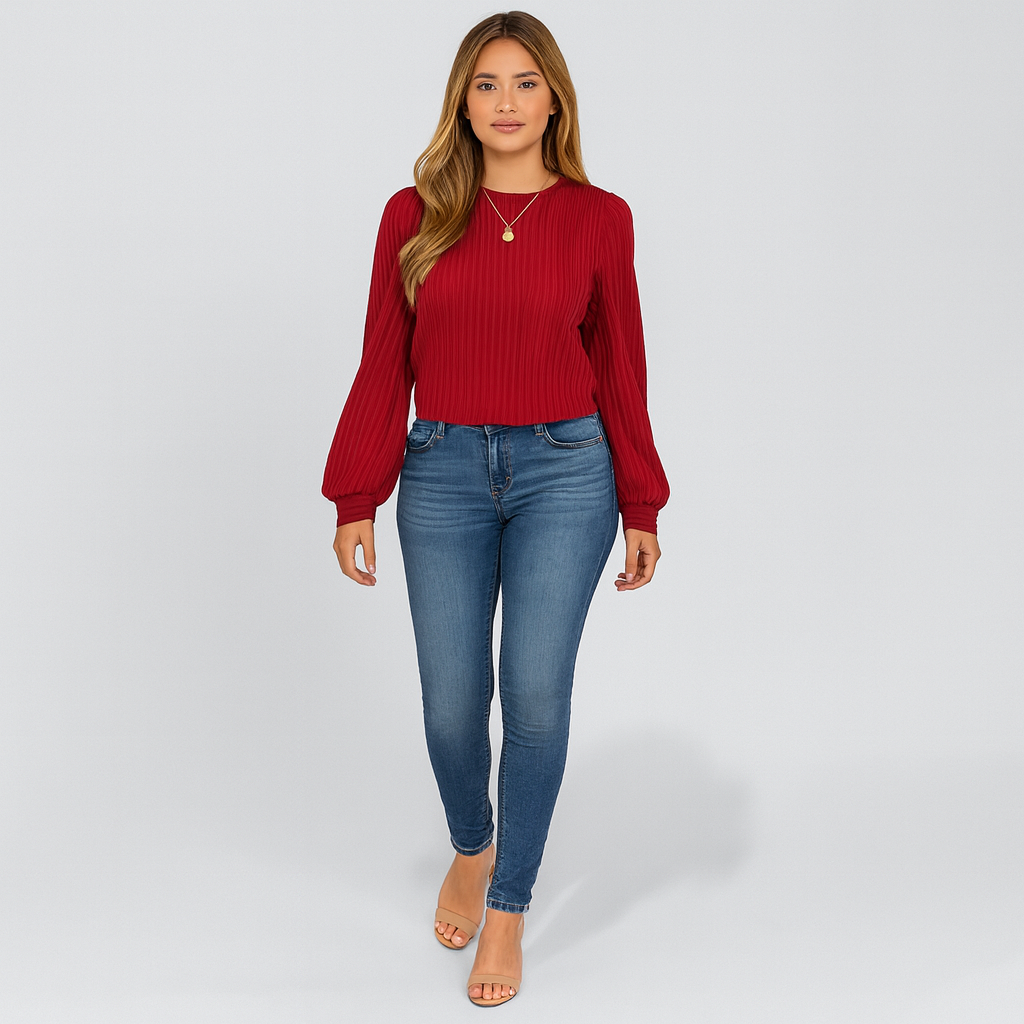Ladies Textured Long Sleeve Blouse | Pleated Crew Neck