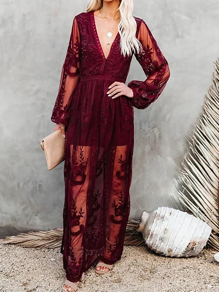 Ladies Embroidered Maxi Dress | Sheer Sleeves