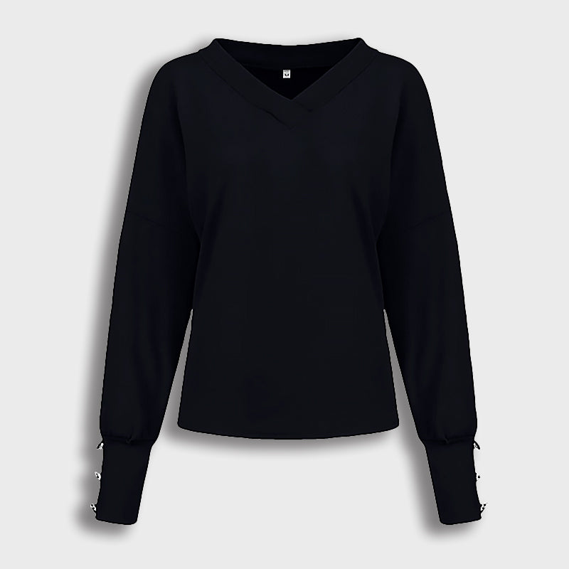 Ladies Loose V-Neck Sweater | Button Detail Sleeves