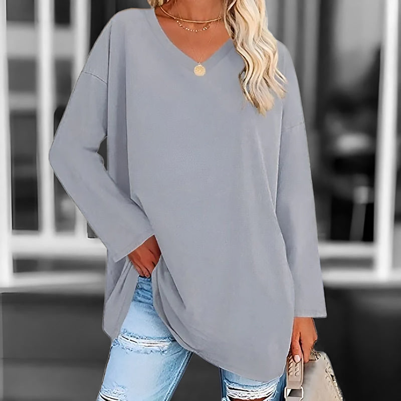 Ladies Long V-Neck Long Sleeve Shirt | Straight Cut