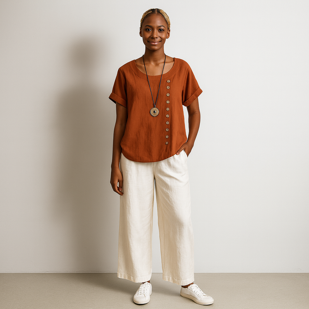 Women Buttoned Short Sleeve Blouse | Curved Hem