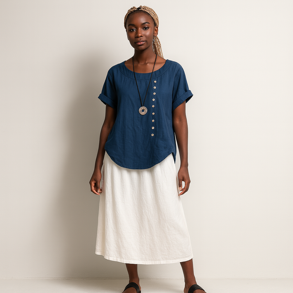 Women Buttoned Short Sleeve Blouse | Curved Hem