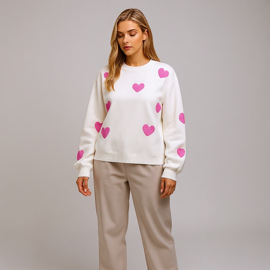 Women Heart Pattern Sweater | Slouch Shoulder Cut