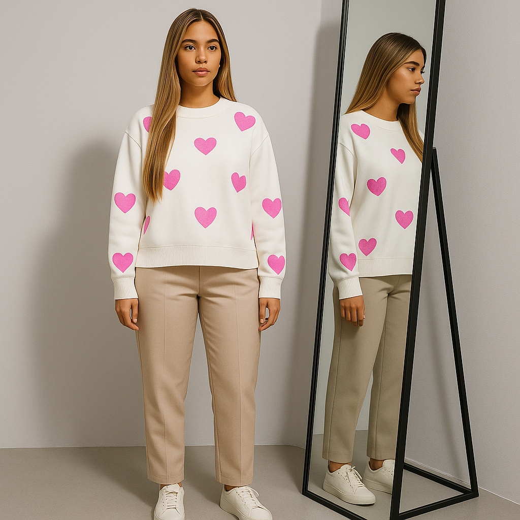Women Heart Pattern Sweater | Slouch Shoulder Cut