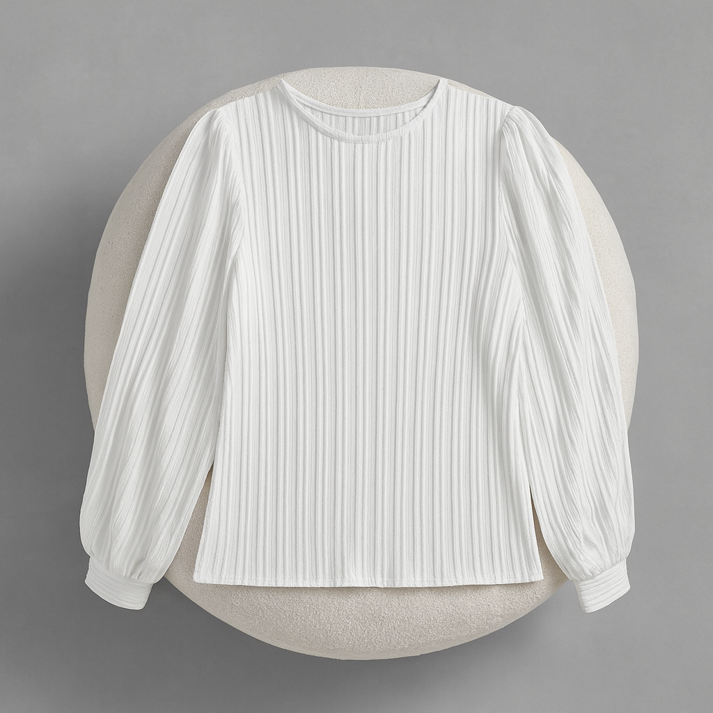 Ladies Textured Long Sleeve Blouse | Pleated Crew Neck