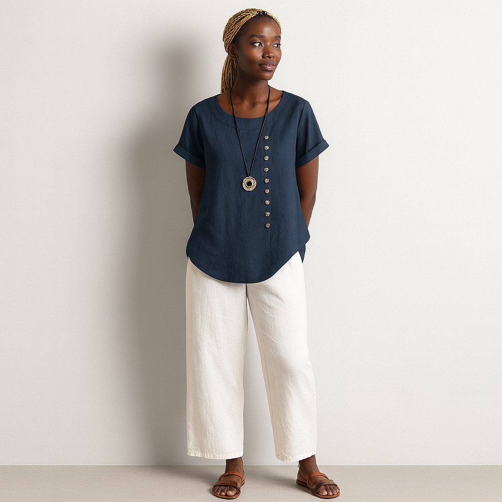 Women Buttoned Short Sleeve Blouse | Curved Hem